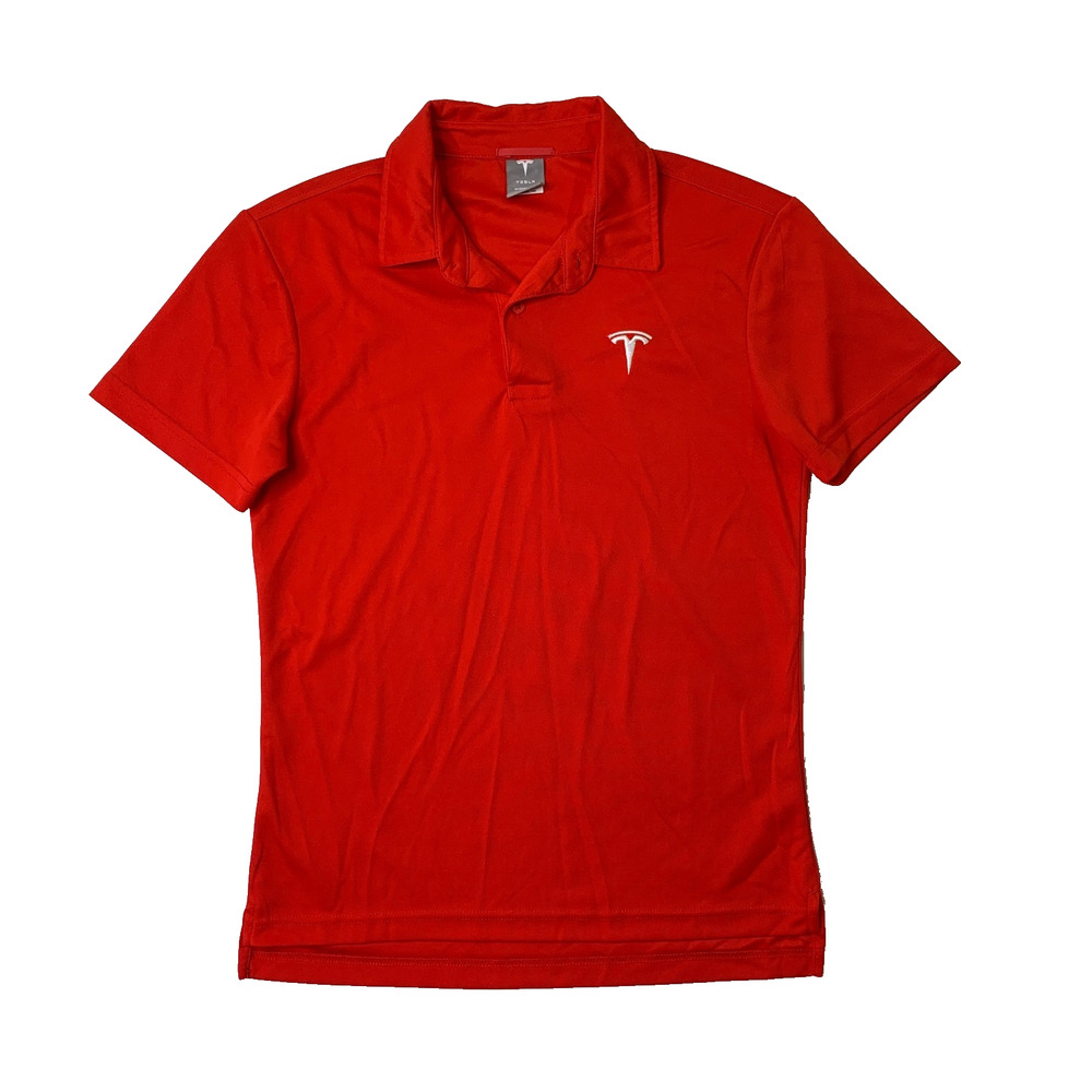 Tesla Shirt Mens S Small Red Performance Embroidered Logo Droptail Hem Polo